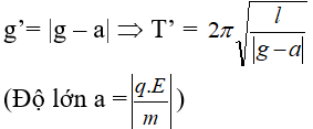 Chu k ỳ da o độn g nhỏ c ủa c on lắ c đ ơn khi khôn g c ó đi ệ n trường l à

Trường hợp lực điện trường hướng lên (ngược chiều trọng lực):

Đổi chiều điện trường:

 

Ta có T’ > T nên theo giả thiết ta được T’ = T2 = 3s, T = T1 = 2s