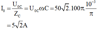 - Ta có:

+ uC  trễ pha π/2 so với i, từ đó suy ra pha ban đầu của i là:

   φi  = -3π/4 + π/2 = -π/4

- Vậy:

A