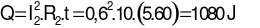 Áp dụng định luật Ôm cho đoạn mạch chứa điện trở R1, ta có

Vì hai điện trở mắc nối tiếp nên I = I1 = I2 = 0,6 A

Áp dụng định luật Ôm cho đoạn mạch chứa điện trở R2.

Ta có

Nhiệt lượng tỏa ra trên R2 trong 2 phút là

.