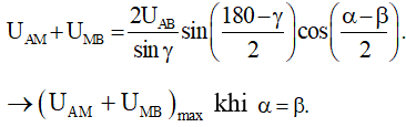 - Biểu diễn vectơ các điện áp:

- Áp dụng định lý sin trong tam giác, ta có:

⇒ Biến đổi lượng giác:

- Khi đó:

→ Các vectơ hợp với nhau thành tam giác đều → khi xảy ra cực đại u chậm pha hơn i một góc 30°.