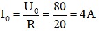    + Mạch cộng hưởng thì: ZL  = ZC  ↔ ω2 LC = 1

   + Biểu thức của i:

Vì mạch R, L, C cộng hưởng ⇒ i cùng pha với u

Ta có: u = 80cosωt → i = I0 cos(ωt)

Với 

và ω = 100π rad/s → i = 4cos(100πt) (A)