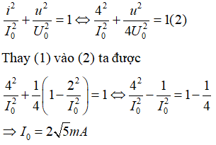 Khi cường độ dòng điện qua cuộn dây là 2mA thì điện áp giữa hai đầu tụ là u (V)

Khi cường độ dòng điện qua cuộn dây là 4mA thì điện áp giữa hai đầu tụ là u/2 (V)