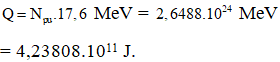 • Dễ thấy cứ 1 phản ứng cho 1 hạt nhân He, do đó để tạo 1 g He thì số phản ứng sẽ là

• Vậy năng lượng tỏa ra là 