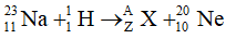 Phương trình phản ứng có dạng:

• Định luật bảo toàn số khối:

23 + 1 = A + 20 → A = 4

• Định luật bảo toàn điện tích:

11 + 1 = Z + 10 → Z = 2

Vậy  Đó là hạt α.