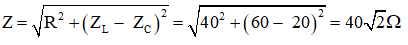 /span>

Ta có: ZL  = 60Ω; ZC  = 20Ω

Tổng trở của mạch:

Biểu thức của i:

Ta có: u = 240√2cos100πt (V) → i = I0 cos(100πt + φi )

Với 

→ φ = φu  – φi  → φi  = φu  – φ = 0 – π/4 = – π/4 rad

Vậy i = 6cos(100πt – π/4) (A)