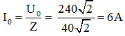 /span>

Ta có: ZL  = 60Ω; ZC  = 20Ω

Tổng trở của mạch:

Biểu thức của i:

Ta có: u = 240√2cos100πt (V) → i = I0 cos(100πt + φi )

Với 

→ φ = φu  – φi  → φi  = φu  – φ = 0 – π/4 = – π/4 rad

Vậy i = 6cos(100πt – π/4) (A)