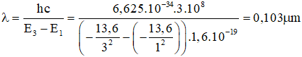 Hiđro ở trạng thái cơ bản được kích thích chuyển lên trạng thái có bán kính quỹ đạo tăng lên 9 lần, tương ứng với chuyển lên trạng thái ứng với mức năng lượng n = 3. Do đó khi chuyển dời về mức cơ bản thì phát ra bước sóng của bức xạ có năng lượng lớn nhất là: