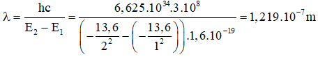 Bước sóng lớn nhất của bức xạ trong dãy Lyman, ứng với m = 1 và n = 2, được xác định: