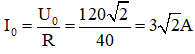 .

Vì ZC  = ZL  = 30Ω nên mạch cộng hưởng → i và u cùng pha.

Ta có: u = 120√2cos100πt (V) → i = I0 cos100πt (A)

Với 

Vậy i = 3√2cos100πt (A)