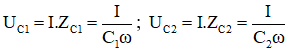 Gọi i = I0 cosωt (A) là dòng điện qua mạch điện.

Vì C1  nối tiếp C2  nên u = u1  + u2 ; I1  = I2  = I,

Các điện áp hai đầu C1  và C2  đều chậm pha hơn i một góc π/2 và có giá trị hiệu dụng:

Nên 

→ Tổng trở của mạch:

Vậy  với 