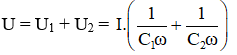 Gọi i = I0 cosωt (A) là dòng điện qua mạch điện.

Vì C1  nối tiếp C2  nên u = u1  + u2 ; I1  = I2  = I,

Các điện áp hai đầu C1  và C2  đều chậm pha hơn i một góc π/2 và có giá trị hiệu dụng:

Nên 

→ Tổng trở của mạch:

Vậy  với 