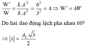 Trong quá trình dao động khoảng cách lớn nhất giữa hai vật theo phương Ox là

Động năng cả con lắc 1 là cực đại bằng W thì động năng cực đại của con lắc 2 là:

=> Động năng của con lắc thứ hai tại thời điểm này là: