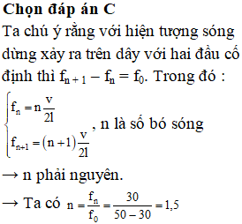 → sóng dừng xảy ra trên dây thuộc trường hợp một đầu cố định và một đầu tự do

+ Dây đàn hồi thuộc trường hợp một đầu cố định một đầu tự do, khi đó tần số cơ bản cho sóng dừng trên dây sẽ là 

→  trên dây có sóng dừng với 3 bụng sóng.