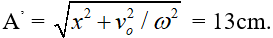 + Vận tốc ngay trước khi có điện trường là vo = ωA = 50 √ 5  cm/s.

 

+ Khi có điện trường hướng lên thì lực điện làm lệch vị trí cân bằng một đoạn cũng là li độ tương ứng với vận tốc vo.

x = Fđ : k = qE : k = 0,12m = 12cm.

+ Biên độ sau đó là: 