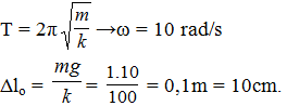 Vật rời khỏi giá đỡ khi phản lực N = 0

Áp dụng định luật II Newton cho vật trên ván chuyển động có gia tốc a, ta được:

mg – N – Fđh = ma

Vật rời ván khi N = 0→Fđh = k.∆l = m(g-a)→∆l = 9cm

Ban đầu ván ở vị trí lò xo giãn 1cm nên khi vật rời ván, ván đi được:

 S = ∆l – 1 = 8cm

Khi đó tốc độ của vật    vật cách VTCB là 1cm (chiều dương hướng xuống → x = 1cm)

=>Biên độ dao động của vật: