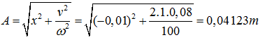 Vật rời khỏi giá đỡ khi phản lực N = 0

Áp dụng định luật II Newton cho vật trên ván chuyển động có gia tốc a, ta được:

mg – N – Fđh = ma

Vật rời ván khi N = 0→Fđh = k.∆l = m(g-a)→∆l = 9cm

Ban đầu ván ở vị trí lò xo giãn 1cm nên khi vật rời ván, ván đi được:

 S = ∆l – 1 = 8cm

Khi đó tốc độ của vật    vật cách VTCB là 1cm (chiều dương hướng xuống → x = 1cm)

=>Biên độ dao động của vật: