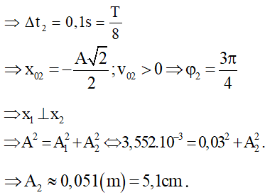 - Ta có: 

- Từ đồ thị ta thấy: A1  = 3 cm.

- Cũng theo đồ thị thì ta thấy cứ một ô ngang theo trục thời gian là 0,1s.

- Quan sát đồ thị ta thấy thời gian dao động D2 đi từ VTCB ra biên mất thời gian là 2 ô nên:

- Gọi Δ1 là thời gian kể từ lúc D1 bắt đầu dao động đến khi lần đầu tiên qua VTCB:

- Gọi Δ2 là thời gian kể từ lúc D2 bắt đầu dao động đến khi lần đầu tiên đến biên âm: