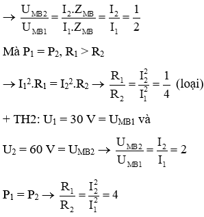 + Từ hình vẽ ta có thể nhận thấy rằng 2 cạnh AM và MB đã hoán đổi cho nhau để công suất tiêu thụ là như nhau

+ Áp dụng định lý hàm cos ta có: U2 = U12 + U22  -   2U1U2.cos(1200)  Û   U12 + U22 + U1U2 = 6300

+ Mặc khác ta lại có U1 + U2 = 90

®   U1 = 30 V, U2 = 60 V hoặc U1 = 60 V, U2 = 30 V

+ TH1: U1 = 30 V = UMB2 ; U2 = 60 V = UMB1
