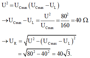 - Khi C = C0 , điện áp hiệu dụng ở hai đầu tụ điện đạt cực đại.

→ u vuông pha với uRL  . Ta có giản đồ vecto như hình vẽ:

- Áp dụng hệ thức lượng trong tam giác vuông:

→ Cường độ dòng điện hiệu dụng trong mạch:

- Ta có: