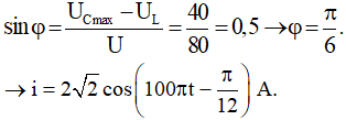 - Khi C = C0 , điện áp hiệu dụng ở hai đầu tụ điện đạt cực đại.

→ u vuông pha với uRL  . Ta có giản đồ vecto như hình vẽ:

- Áp dụng hệ thức lượng trong tam giác vuông:

→ Cường độ dòng điện hiệu dụng trong mạch:

- Ta có: