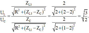 - Ứng với L =L0  → ZL  = ZL0  , ta chuẩn hóa ZL0   = 1.

+ Hai giá trị của L cho cùng điện áp hiệu dụng trên tụ, thỏa mãn:

+ Hai giá trị của L cho cùng điện áp hiệu dụng trên cuộn cảm thỏa mãn:

(với ZLmax  là cảm kháng để điện áp hiệu dụng trên cuộn cảm cực đại.)

- Ta có tỉ số: