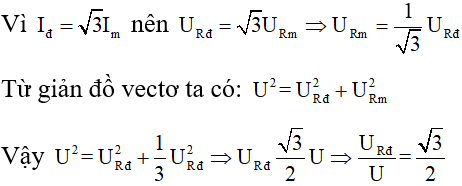 /span>

Biểu thức cường độ dòng điện khi K đóng và K mở

Như vậy dòng điện khi K đóng sớm pha π/2 so với dòng điện khi K mở.

Vẽ giản đồ vectơ kép như hình bên.

Lưu ý: hiệu điện thế hai đầu đoạn mạch trong cả hai trường hợp khi K đóng và K mở là như nhau, nên hình chiếu của  xuống phương  và    tương ứng cho biết URđ và URm

 

Vậy hệ số công suất của mạch khi K đóng là cosφ =   √3/2