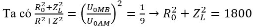 Từ đồ thị ta thấy   U0AM = 180 V; U0MB = 60 V.

Tại t = 0,  u AM =  90 √3  V  và đang tăng

→  90 √3  = 180cos  φ 1 ,  φ 1  < 0 →  φ 1  = - π /6

Tại t = 0 uMB = 30 V và đang giảm 30 = 60 cos φ 2 ,  φ 2  > 0 →  φ 2  =  π /3

Suy ra uAM và uMB vuông pha với nhau => hộp X chứa R0 và L0

ZC = 90  W  .

 

=> chỉ có đáp án B phù hợp.