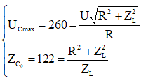 Phần đồ thị ở dưới là đồ thị điện áp hiệu dụng trên tụ điện theo điện dung, ta thấy :

+ Giá trị cực đại của điện áp hiệu dụng trên tụ là 260 V

+ Giá trị dung kháng tương ứng để điện áp hiệu dụng trên tụ cực đại là 122 Ω, ta có

Phần đồ thị phía trên ứng với điện áp hiệu dụng trên đoạn mạch RC, ta thấy :

+ Giá trị cực đại của URC là 300 V

 + Giá trị cảm kháng tương ứng để URCmax là 90 Ω, ta có :

Từ (1) và (2) ta tìm được