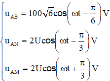 .

+ Viết phương trình của uAB:

Từ đồ thị ta thấy: 

Biểu diễn thời điểm ban đầu t = 0 trên đường tròn lượng giác:

 

=> Pha ban đầu của uAB là:   φAB = - π/6 (rad)

=> Phương trình của uAB: 

+ Từ đồ thị ta có phương trình của các điện áp

+ 

+ UAN = UAM; ZC = 2ZL. Ta có giản đồ vecto:

 

Từ giản đồ vecto ta có: 

Từ (*); (**); (***) ta có: 

+ Tổng trở: