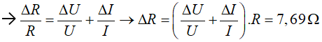 /span>

Khi đo hiệu điện thế hai đầu điện trở ta có U=26V, ∆U = 1V

Khi đo cường độ dòng điện ta có I=0,26A và ∆I = 0,01A

R=U/I = 100Ω, δR = δU + δI     