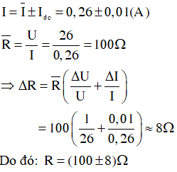 Khi đo điện áp với thang đó 100V thì ta đo được 26V. Độ chia nhỏ nhất của thang đo vôn kế là 2V. 

Khi đo cường độ với thang đó 1A thì ta đo được 0,26A. Độ chia nhỏ nhất của thang đó ampe kế là 0.02A.

 
