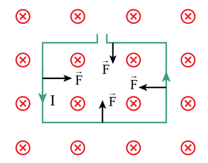 Sử dụng quy tắc bàn tay trái. Lực từ tác dụng lên khung dây có phương chiều như hình vẽ sau:

Nhận xét: Khung dây bị bóp méo.