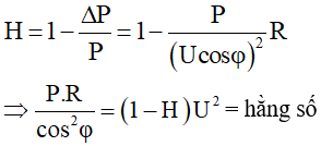 - Ta có:

   (Vì công suất nơi phát P, điện trở dây R, hệ số công suất cosφ không thay đổi)

- Vậy ta có:
