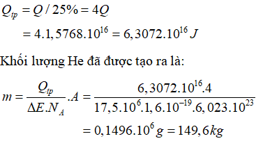 Năng lượng mỗi phản ứng sinh ra là:

Vậy mỗi phản ứng tỏa ra 17,5 MeV nhiệt lượng và tạo ra 1 hạt He.

 Năng lượng mà nhà máy tạo ra trong 1 năm là:

Năng lượng mà nhà máy đã tiêu tốn ( bằng năng lượng tỏa ra từ các phản ứng)