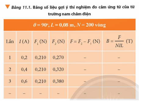    * Tiến hành thí nghiệm:

Bước 1: Bố trí thí nghiệm như Hình 11.2.

Bước 2: Điều chỉnh để cho đòn cân nằm ngang. Đọc số chỉ F1 của lực kế và ghi kết quả như gợi ý ở Bảng 11.1.

Bước 3:

+ Bật công tắc để dòng điện chạy qua khung dây dẫn và nam châm điện. Chọn chiều của dòng điện sao cho lực từ tác dụng lên cạnh của khung dây có hướng thẳng đứng từ trên xuống.

+ Đọc số chỉ của ampe kế (12) và ghi kết quả như gợi ý ở Bảng 11.1.

+ Điều chỉnh để đòn cân trở lại trạng thái cân bằng nằm ngang.

+ Đọc số chỉ F2 của lực kế và ghi kết quả như gợi ý ở Bảng 11.1.

+ Xác định độ lớn lực từ tác dụng lên cạnh của khung dây đặt trong từ trường theo công thức F = F2 – F1. Ghi kết quả như gợi ý ở Bảng 11.1.

Bước 4: Thực hiện lại bước 3 với ít nhất hai giá trị I khác nhau. Ghi kết quả như gợi ý ở Bảng 11.1.