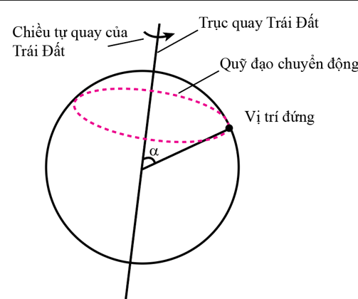 Tốc độ chuyển động của em phụ thuộc vào góc hợp bởi giữa bán kính (xét bán kính đi qua tâm Trái Đất và vị trí em đứng) với trục quay của trái đất và tốc độ tự quay của Trái Đất.