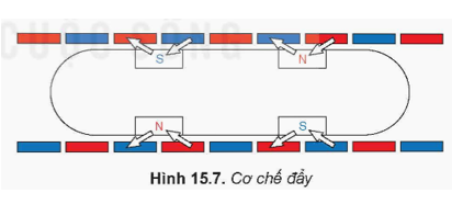 Nguyên tắc hoạt động của La bàn

Trái Đất của chúng ta có bản chất là một nam châm khổng lồ, giống như các nam châm thẳng khác có cực Bắc và cực Nam. Bao quanh Trái Đất là các đường sức từ trường định hướng theo quy tắc có chiều đi ra từ cực Bắc và đi vào từ cực Nam.

Khi ta sử dụng la bàn, kim nam châm của la bàn sẽ nằm dọc theo đường sức từ trường của Trái Đất và luôn định hướng theo một hướng cố định. Người ta quy ước hướng chỉ kim nam châm của la bàn hướng về cực Bắc của Trái Đất là hướng Bắc ngược lại là hướng Nam.

• Ứng dụng của nam châm trong cuộc sống như tàu đệm từ

Tàu đệm từ là một phương tiện giao thông chạy trên đệm từ trường, tàu vận hành rất êm, không rung lắc và không gây ra nhiều tiếng ồn như tàu truyền thống. Tàu sử dụng cơ chế nâng, đẩy và dẫn lái để khi di chuyển với tốc độ cao mà tàu không bị bay ra khỏi bề mặt đường ray. Cơ chế đẩy: Khi từ trường của các nam châm điện đặt ở hai bên thành đường ray tương tác với từ trường của nam châm siêu dẫn đặt trên thành tàu sẽ sinh ra lực đẩy tàu hướng về phía trước (Hình 15.7).

Cơ chế nâng: Cơ chế này tương tự như cơ chế đấy nhưng với mục đích nâng tàu lên. Bánh xe sẽ được nâng lên khi tàu đạt tới tốc độ tới hạn. Ở tốc độ tới hạn, lực từ lúc này đủ lớn để nâng tàu lướt trên đường ray (Hình 15.8). Hệ thống dẫn lái: Bằng cách sử dụng tính chất của nam châm, cùng cực thì đẩy nhau, khác cực thì hút nhau, hệ thống lái có nhiệm vụ giúp tàu cân bằng, ổn định tàu với đường ray khi di chuyển.