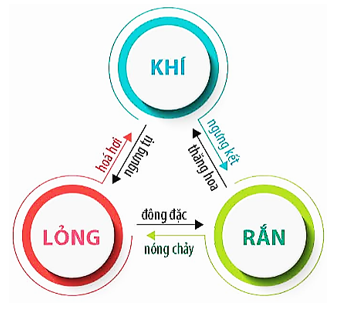 - Sự khác nhau giữa các thể của chất:     

Ở thể rắn   

Ở thể khí   

Ở thể lỏng     

Các phân tử rất gần nhau (khoảng cách trung bình giữa các phân tử cỡ kích thước phân tử) và các phân tử sắp xếp có trật tự, chặt chẽ   

Các phân tử ở xa nhau (khoảng cách trung bình giữa các phân tử lớn gấp hàng chục lần kích thước của chúng).    

Khoảng cách trung bình giữa các phân tử trong chất lỏng lớn hơn khoảng cách trung bình giữa các phân tử trong chất rắn và nhỏ hơn khoảng cách trung bình giữa các phân tử trong chất khí     

Lực tương tác giữa các phân tử rất mạnh, giữ cho chúng không di chuyển tự do mà chỉ có thể dao động quanh vị trí cân bằng xác định.   

Lực tương tác giữa các phần tử rất yếu (trừ trường hợp chúng va chạm nhau) nên các phân tử chuyển động hoàn toàn hỗn loạn.   

Lực tương tác giữa các phân tử ở thể lỏng lớn hơn lực tương tác giữa các phân tử ở thể khí nên giữ các phân tử không bị phân tán ra xa nhau, do đó chất lỏng có thể tích riêng xác định. Lực tương tác này chưa đủ lớn như trong thể rắn nên các phân tử ở thể lỏng cũng dao động quanh vị trí cân bằng nhưng các vị trí này không có định mà luôn luôn thay đổi. Do đó, khối chất lỏng rất khó bị nén, nó có thể tích xác định nhưng không có hình dạng xác định mà có hình dạng của phần bình chứa nó.

- Cơ chế chuyển thể của các thể