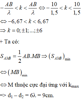 + Bước sóng: λ = v/f = 0,6/40 = 1,5cm

+ Số cực đại giao thoa trên đoạn thẳng nối hai nguồn bằng số giá trị k nguyên thoả mãn:

+ Áp dụng định lí Pi – ta – go trong tam giác vuông AMB có:  