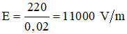 Mối liên hệ giữa cường độ điện trường và hiệu điện thế giữa hai bản kim loại:  

Thay số vào ta có: 