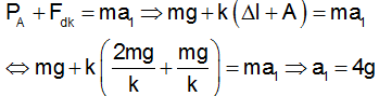 Khi vật A bắt đầu rơi xuống đất nó chịu tác dụng của hai lực là PA và Fdk nên:

Khi vật B đến biên thì gia tốc là: