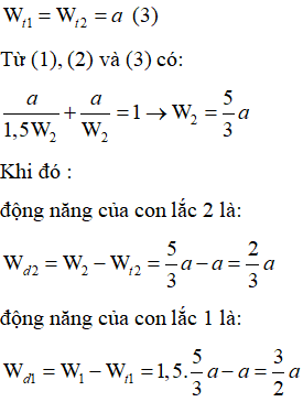 Phương pháp: Sử dụng định luật bảo toàn cơ năng kết hợp kĩ năng đọc đồ thị

 Cách giải:  Từ đồ thị ta có: 

*Hai dao động cùng tần số và vuông pha nhau nên 

Khi thế năng của hai con lắc bằng nhau ta có: 

tỉ số động năng con lắc (2) và động năng con lắc (1) là: