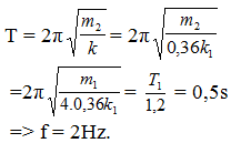 + Có 

 

Thay m1 = 4m2 => 

+ Mắc hai lò xo k1, k2 thành một lò xo dài gấp đôi, đầu trên cố định, đầu dưới treo vật m2.

=>     Độ cứng của lò xo mới là: