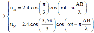 λ = v/f = 15/5 = 3 cm

Phương trình sóng tại 1 điểm trong trường giao thoa:

Do M, N cùng thuộc elip nhận A, B làm tiêu điểm nên d1 + d2 = d1’ + d2’ = AB