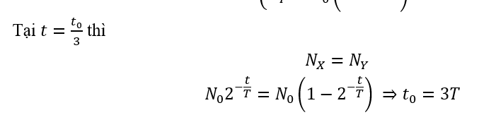 Hạt nhân mẹ X phóng xạ tạo thành hạt nhân con Y. Sự phụ thuộc số hạt nhân X và Y theo thời gian được cho bởi đồ thị. Tỉ số hạt nhân N_Y/N_X  tại thời điểm t_0 gần giá trị nào nhất sau đây?  	A. 9,3.	B. 7,5.	C. 8,4.	D. 6,8. (ảnh 2)