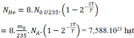 Từ phương trình phản ứng, ta thấy cứ 1 U238 phóng xạ sẽ tạo ra 8 hạt He

Do vậy số hạt He tạo thành khi 50 g U238 phóng xạ là:

→ VHe = NHe/NA . 22,4 = 28,24 lít.