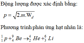 Phương pháp: Sử dụng định luật bảo toàn động lượng.

 Cách giải:  Ta có thể biểu diễn các vecto động lượng như hình vẽ:

Áp dụng định luật bảo toàn động lượng cho hệ hai hạt p và Be.

Gọi góc giữa vec to động lượng của Li và vecto tổng động lượng là α. Ta có