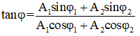 Ta có định lý hàm cos: A2  = OM1 2  + M1 M2  - 2OM1 M1 M.cos∠OM1 M

A2  = A1 2  + A2 2  - 2A1 A2 cos(π - ∠M1 OM2 )

↔ A2  = A1 2  + A2 2  + 2A1 A2 cos(π + ∠M1 OM2 )

↔ A2  = A1 2  + A2 2  + 2A1 A2 cos(φ1  - φ2 )

Theo hình vẽ: OM1  →  + OM2  →  = OM →  (1)

Chiếu (1) trục Ox: Acosφ = A1 .cosφ1  + A2 .cosφ2  (2)

Chiếu (1) trục Oy: Asinφ = A1 .sinφ1  + A2 .sinφ2  (3)

Lập tỉ số (3) / (2) ta được: