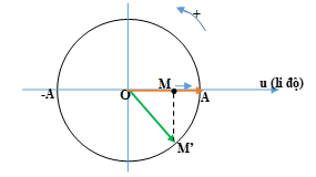 Xét thêm điểm A có li độ cực đại như hình vẽ.

Theo giả thiết, sóng truyền từ trái sang phải nên điểm M sẽ dao động trễ pha hơn điểm A, ta thấy rằng dao động sẽ truyền từ A đến M, do đó điểm M đang có hướng dao động đi lên như hình vẽ.

Để thấy rõ được chuyển động đi lên của điểm M ta có thể dùng vòng tròn biểu thị dao động điều hòa cho cả điểm A và điểm M.

- Dao động của điểm M được thể hiện bằng hình chiếu của vectơ quay OM