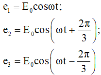  Ta có:

- Khi e1  = E0 ; ωt = 2kπ , thay vào biểu thức tính e2  và e3  ta có kết quả: